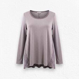 Bordeaux Mauve Lace Trim Long Sleeve Babydoll Knit Round Neck Top Size XS